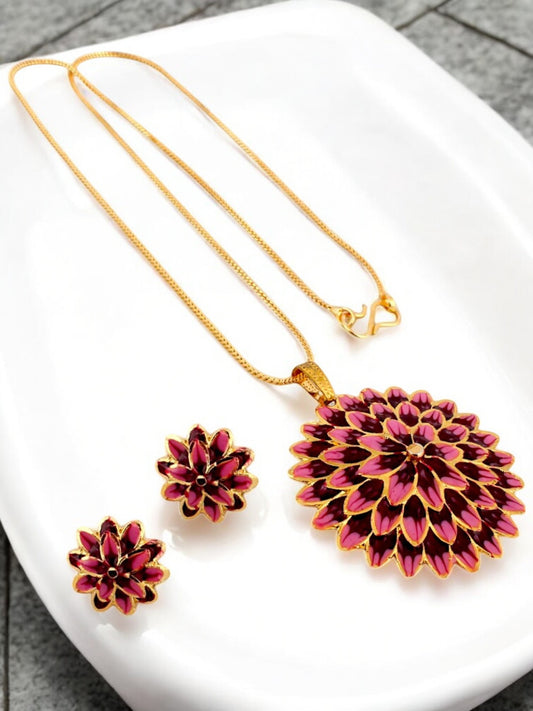 18K Gold-Plated Locket Chain with Earrings Meenakari Pendant Set (457-M7L1G-2066-PPK)