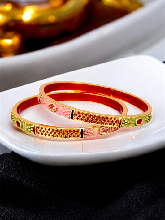 18k One Gram Gold Plated Traditional Designer Pack of 2 Bangle Set For Women
