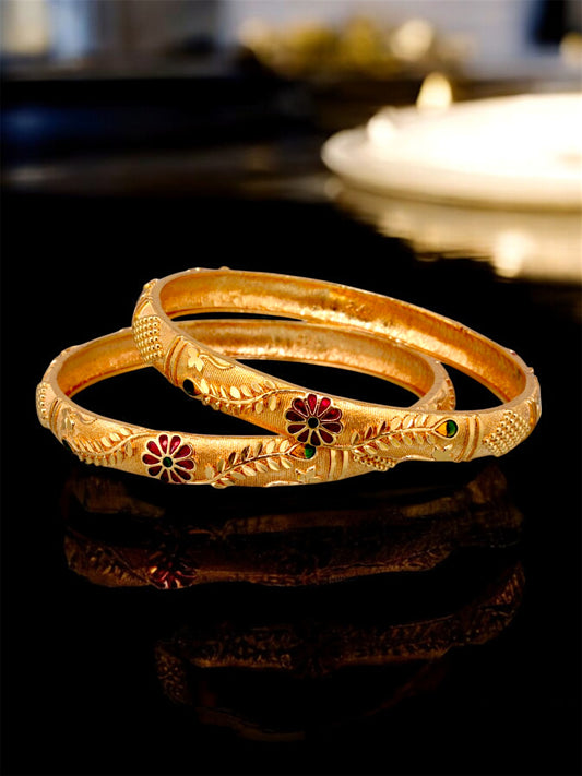 18k One Gram Gold Plated Traditional Designer Pack of 2 Bangle Set For Women