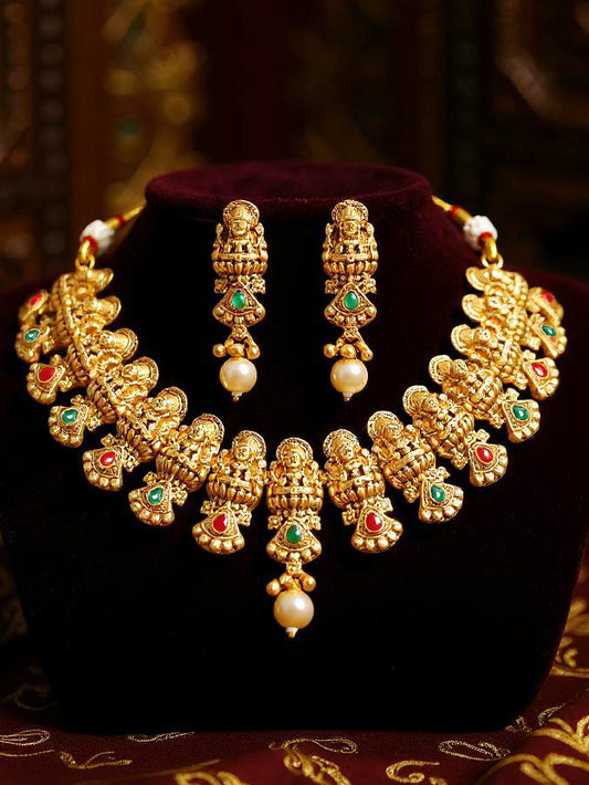 Gold Plated Temple Jewellery Goddess Lakshmi Design Necklace with Earrings