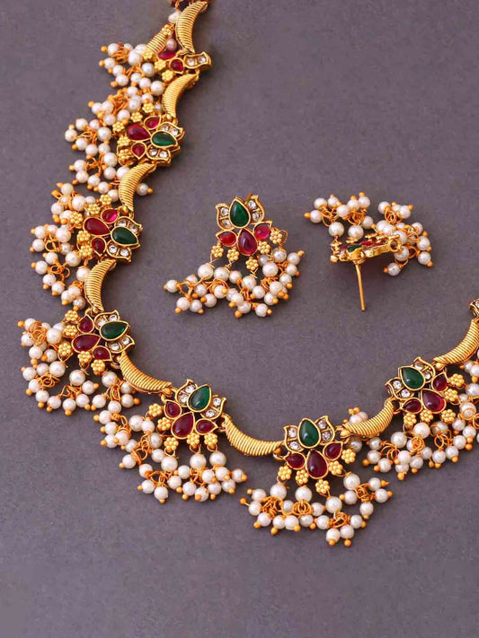 Designer Gold-Plated Floral Necklace Set for Women & Girls – Maroon & Green with White Bead Tassels(594-ISG-2033-MG)