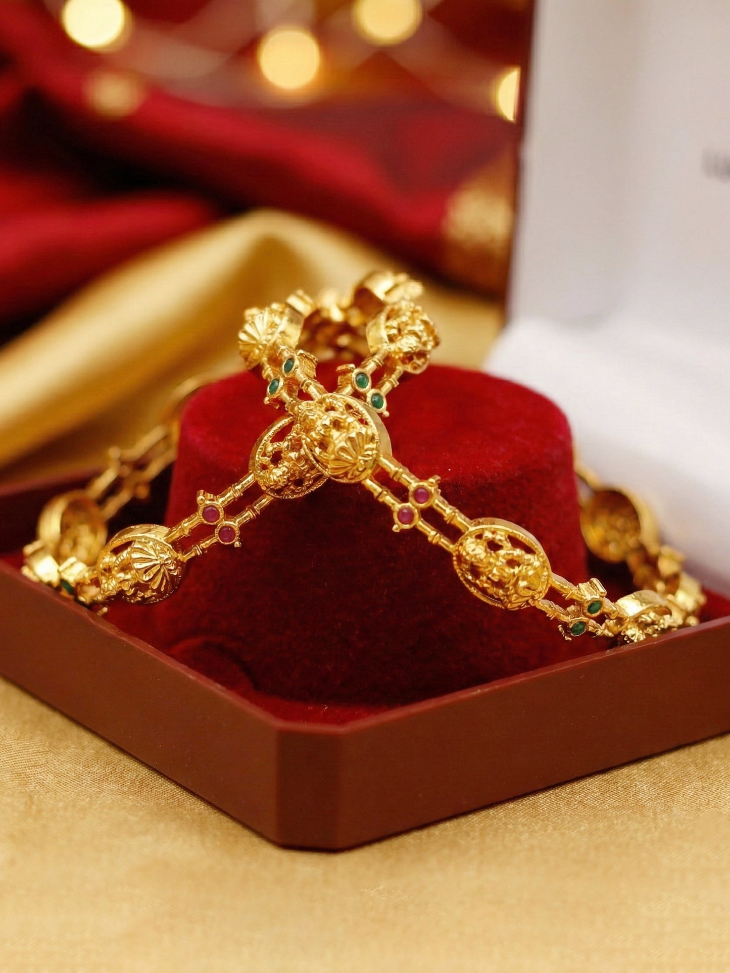 Gold-Plated Laxmi Ji Temple Bangle with Pink & Green Stones (598-C1BG-2195-2)