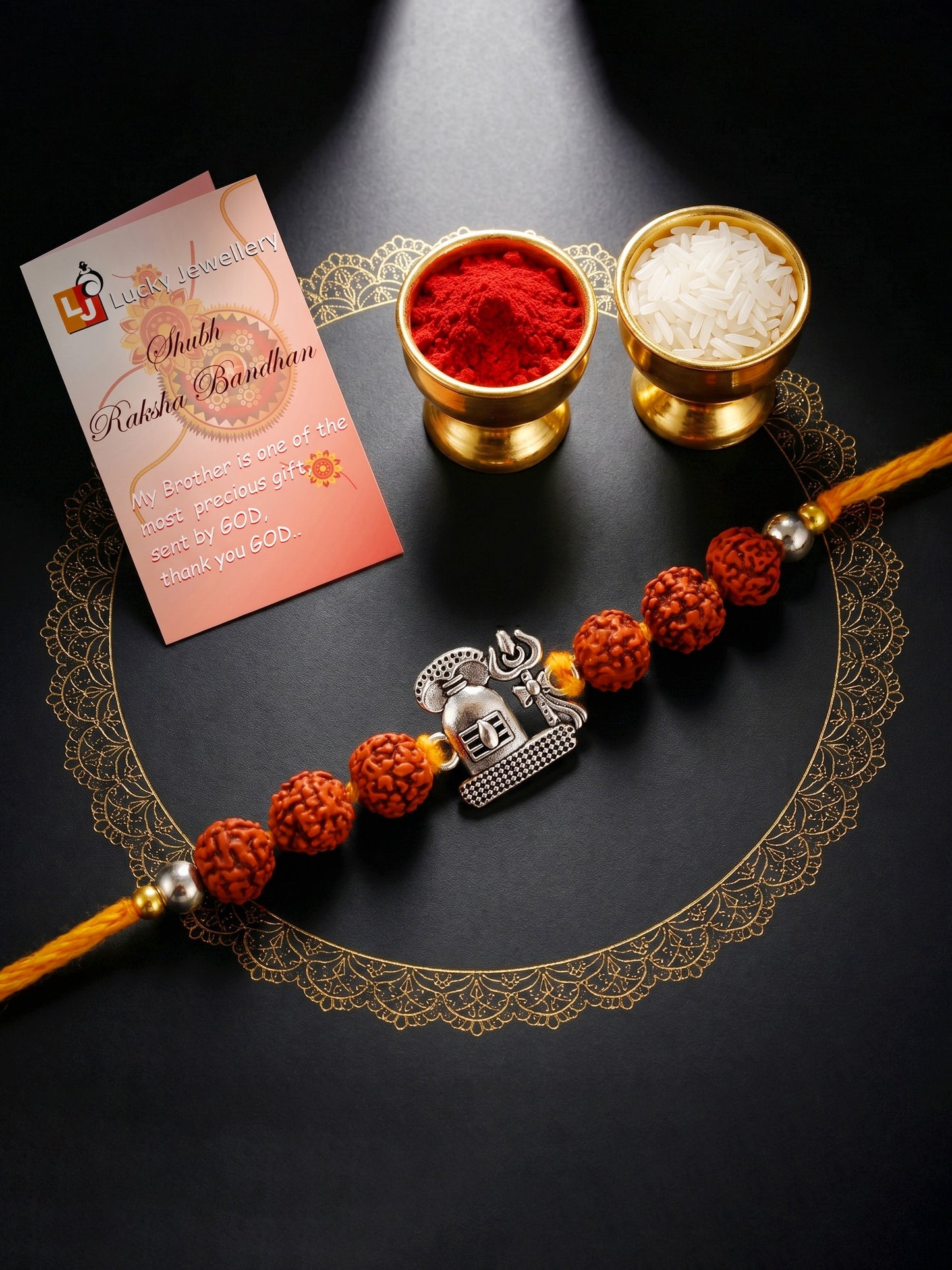 Silver Spiritual Shivling Trishul Rakhi for Brother with Rudraksha, Roli & Chawal & Card (73-CHR1-1963-1-2026)