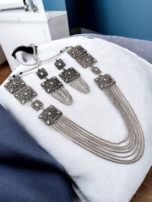 Trendy Oxidised Silver Plated Ethnic Navratri Jewellery Necklace with Layered Chain and Earrings (644-TSO-25104)