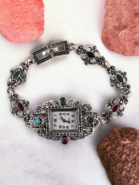 Stylish Silver Oxidised Wrist Watch Bracelet for Women & Girls