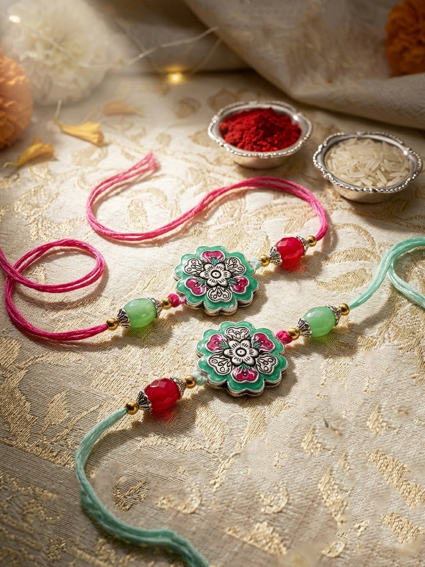 Set of 2 Floral Rakhi for Brother with Magenta & Mint Beads, Roli Chawal & Card (108-CHR1-1966-MNTR-S-2-2026)