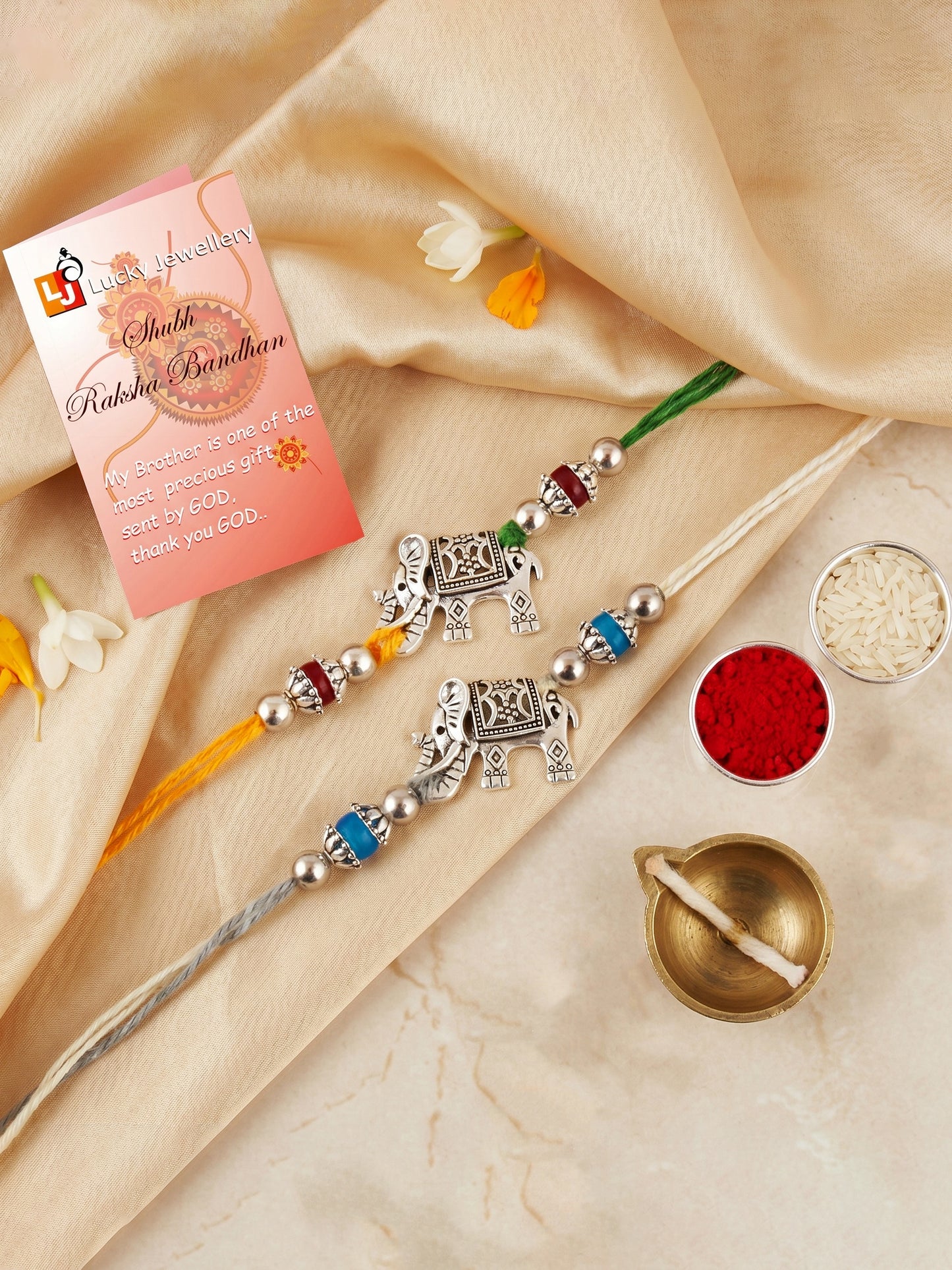 Set of 2 Silver Elephant Rakhi for Brother with Metallic Beads, Roli Chawal & Card (78-JPR1-1961-S-2-2026)
