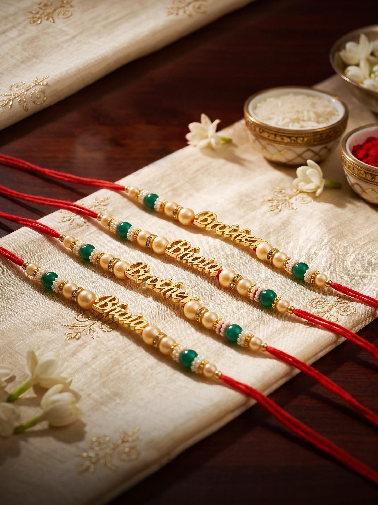Set of 4 Bhaia & Brother Gold Text Rakhi with Green Beads, Roli Chawal & Card (100-CHR1-196465-4-2026)