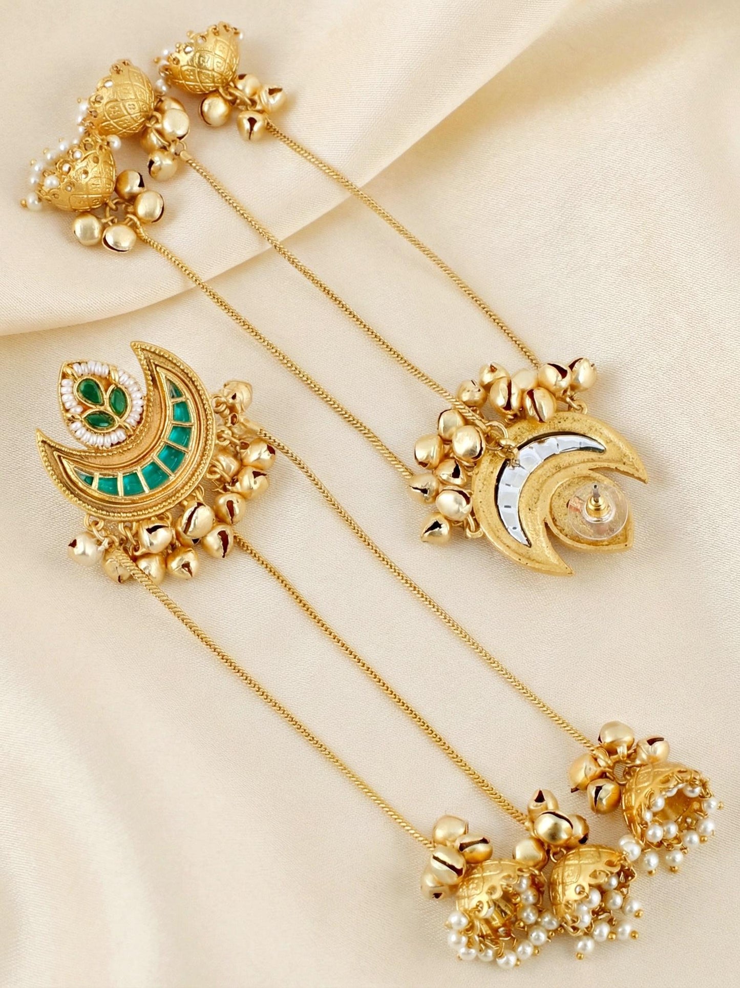LUCKY JEWELLERY Gold-Plated Kashmiri Earrings with Green Stone, Triple Chain Layer & Triple Jhumka Drops | Chandbali Style Earring Set for Girls & Women | Wedding, Festival & Gift Wear