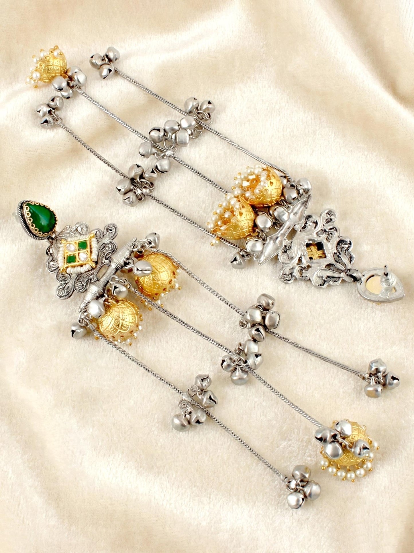 LUCKY JEWELLERY Oxidized Silver Kashmiri Earrings with Green Stone, Triple Gold Jhumka Chains, Designer Jhumkee Earrings for Girls & Women | Birthday & Anniversary Gift