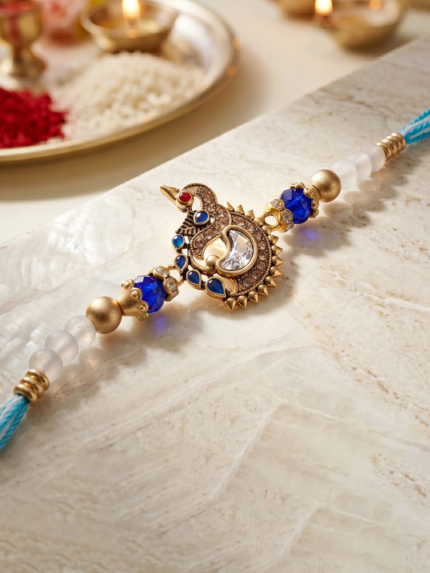 Designer Peacock Blue Stone & Beaded Rakhi for Brother with Roli Chawal & Greeting Card (61-S7R1-EA2527)