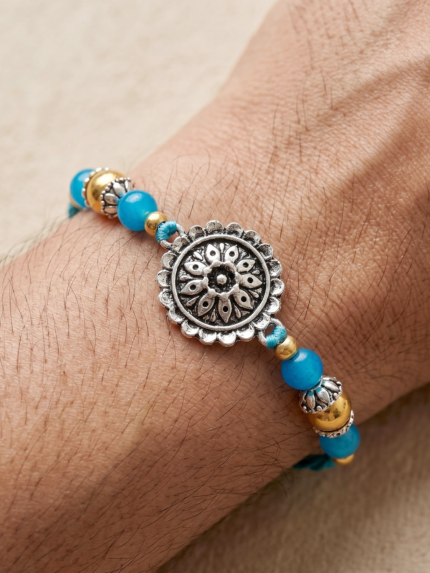 Set of 2 Bhaiya Bhabhi Rakhi Set with Oxidised Floral & Jhumka Lumba, Blue Beads,Roli Chawal & Card (144-JPCR1-1983-S-2-2026)