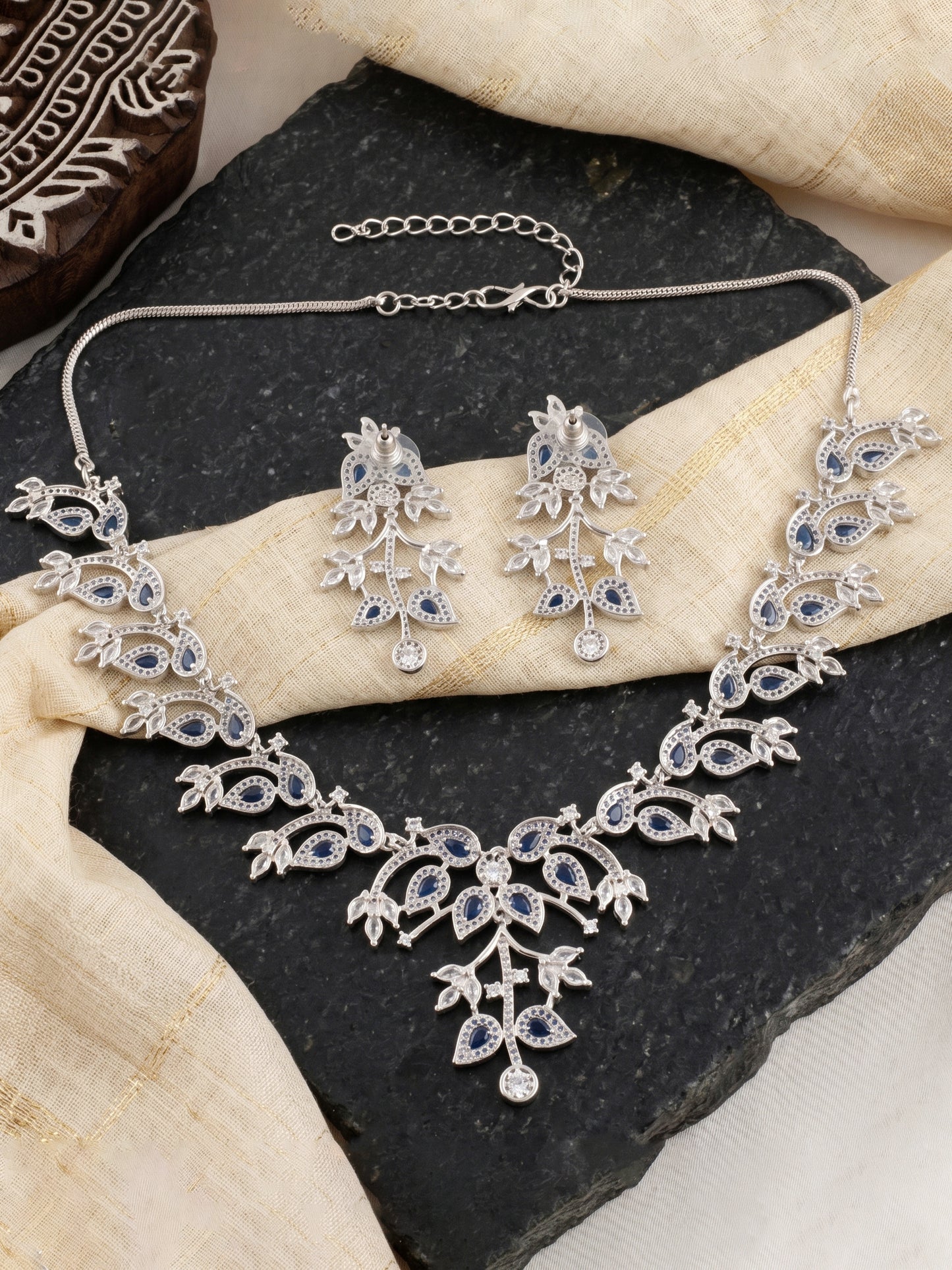 Lucky Jewellery Silver-Tone Blue Stone & American Diamond Necklace Set with Earrings for Women – Office, Party & Function Wear (1948-K4SA-2241-B-S)