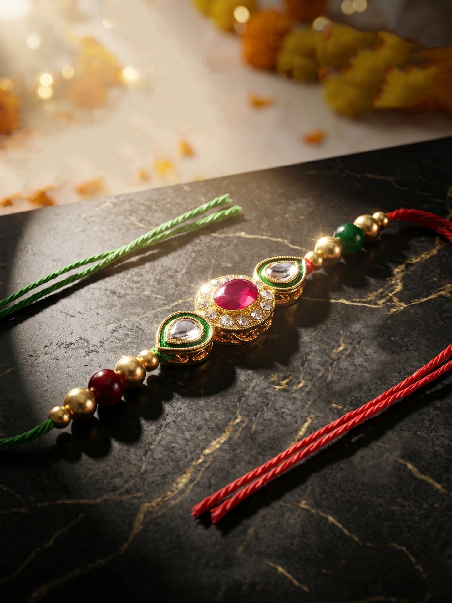 Set of 2 Designer Kundan Rakhi for Brother with Maroon, Clear Crystals, Roli Chawal & Card (98-J5R1-1977-2-2026)