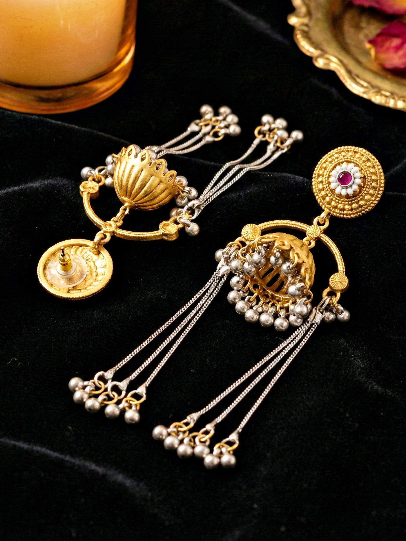 LUCKY JEWELLERY Antique Gold Finish Traditional Earrings with Long Chain Tassels Earrings For Girls & Women |Kashmiri Jhumka with Magenta Stone Earing Set |Birthday Gift Valentine Anniversary Gift