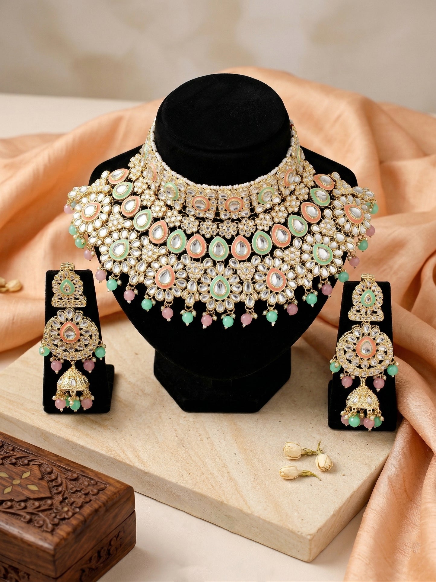 Bridal Kundan Pink Mint Multicolor Heavy Choker Jewellery Set with Hathphool & Nath (2640-IZK-551-PKMNT)