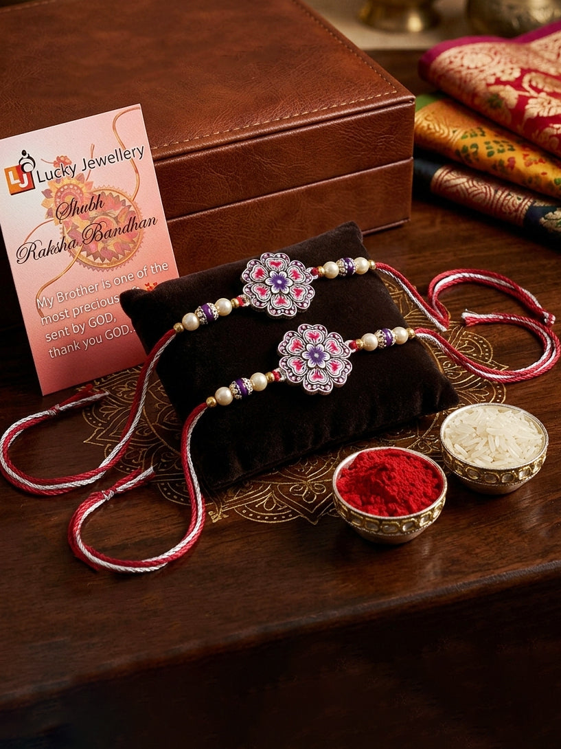 Set of 2 Magenta Floral Rakhi for Brother with Purple Accents, Beads, Roli Chawal & Card (108-CHR1-1966-P-S-2-2026)