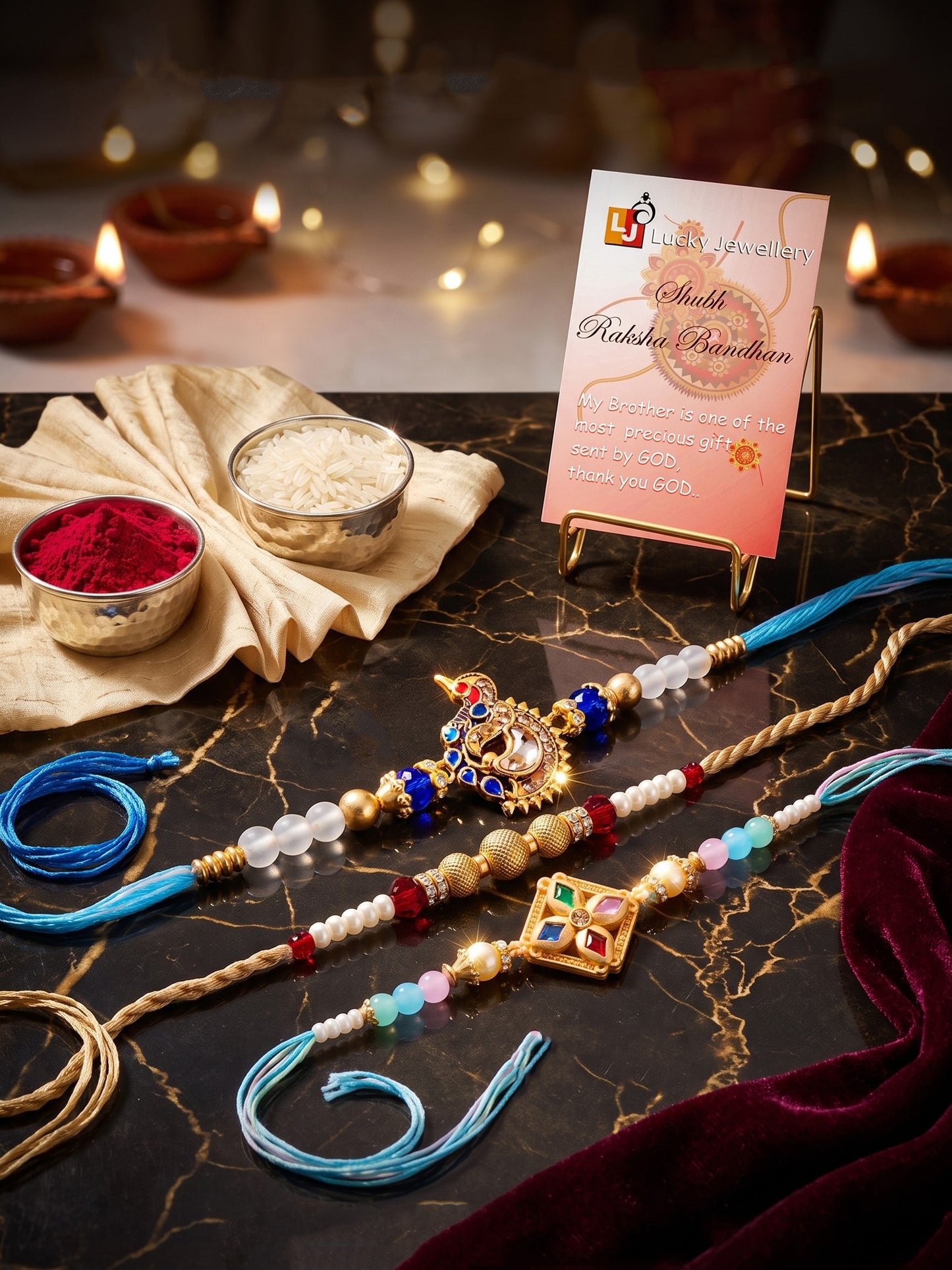 Lucky Jewellery Set of 3 Rakhi with Peacock & Square AD Pendants, Smooth White Beads, Roli Chawal & Card (142-S7R1-2318-3)