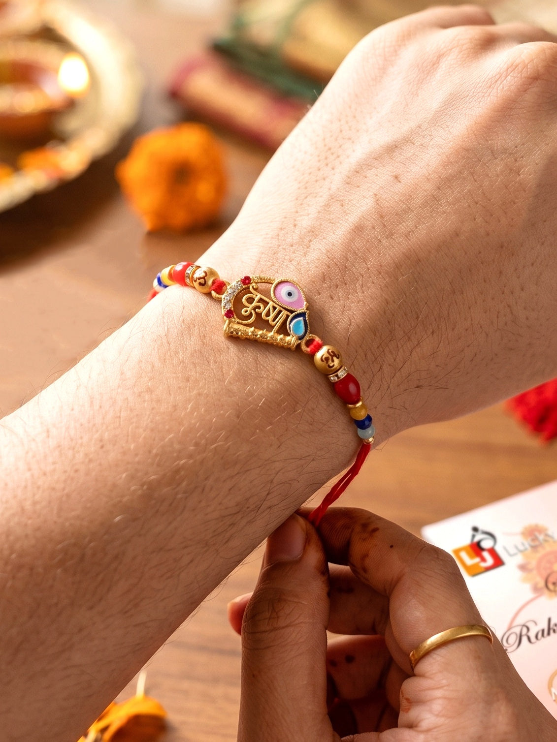 Divine Krishna Bansuri Beaded Rakhi For Brother | Spiritual Set With Roli Chawal & Card (72-S5R1-AR3009)