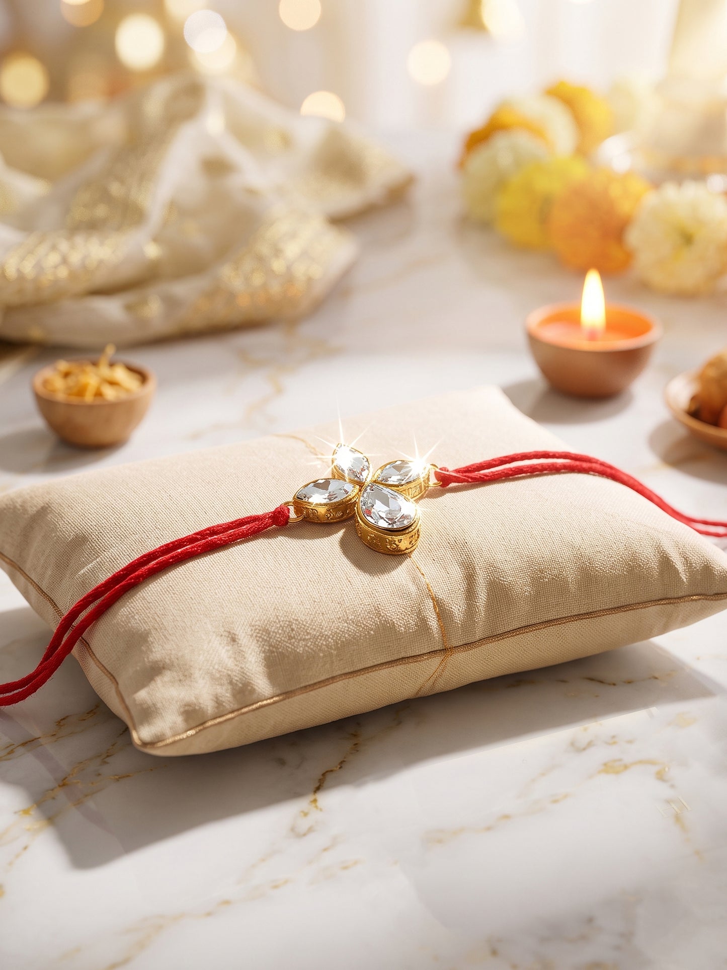 LUCKY JEWELLERY Traditional Rakhi for Brother/Bhaiya – Gold Plated Red Thread Rakshabandhan Rakhie White Stones for Bhai/Bhabhi (Pack of 2) – Fancy Rakhee Bracelet Rakshasutra (152-L1R1-06-W-2-2026)