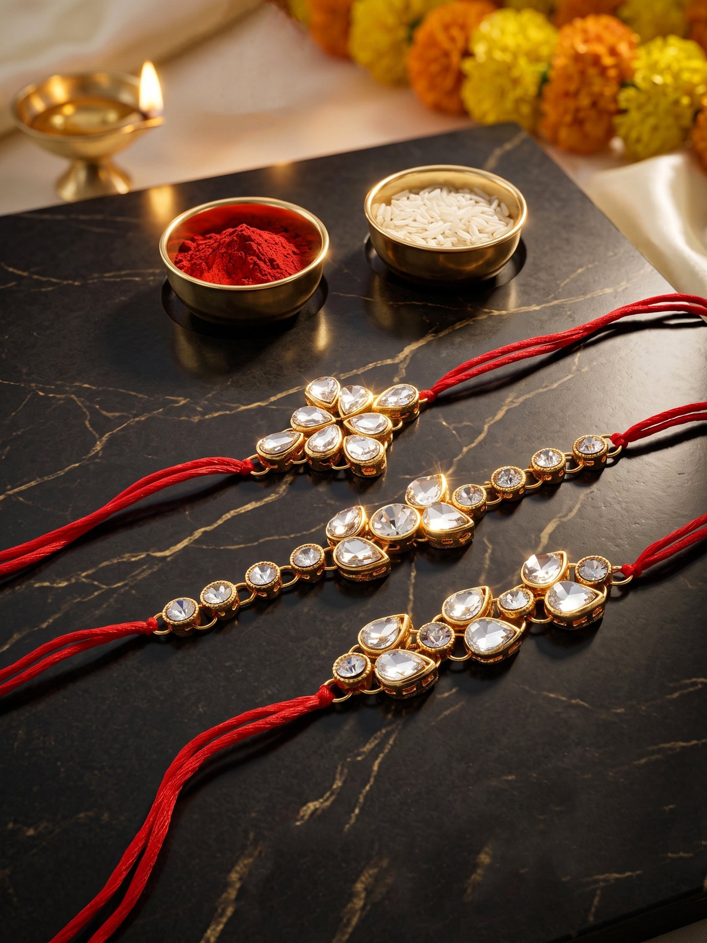 LUCKY JEWELLERY Traditional Rakhi for Brother/Bhaiya – Gold Plated Red Thread Rakshabandhan Rakhie White Stones for Bhai/Bhabhi (Pack of 3) – Fancy Rakhee Bracelet Rakshasutra (159-L1R1-09-W-3-2026)