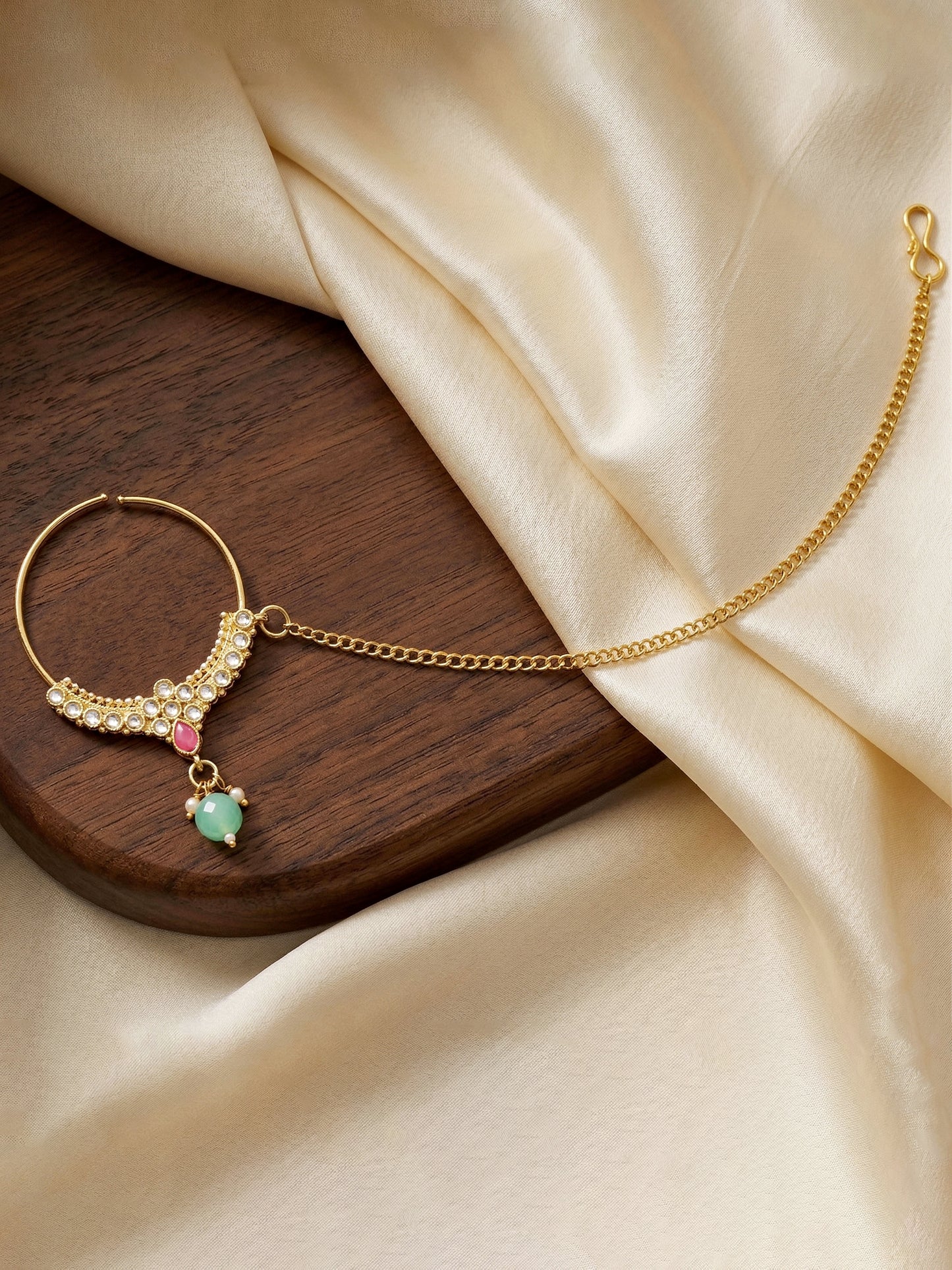 Bridal Kundan Pink Mint Multicolor Choker Jewellery Set with Hathphool & Nath (2541-IZK-554-PKMNT)