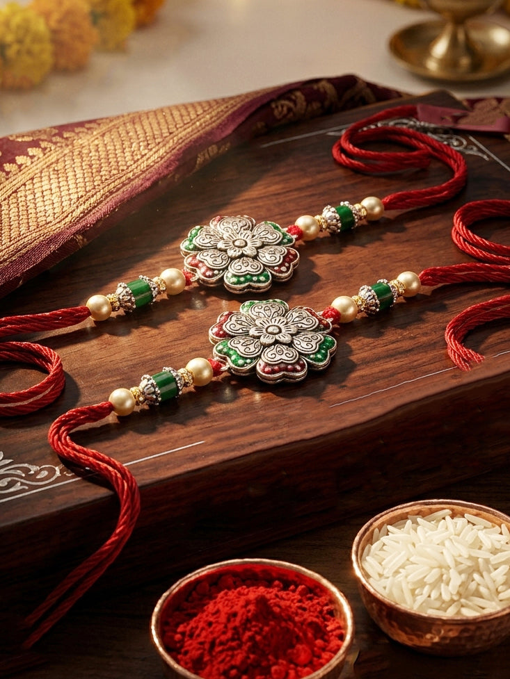 Set of 2 Silver Floral Rakhi for Brother with Metallic, Green & Maroon Enamel, Roli & Chawal & Card (108-CHR1-1966-MG-S-2-2026)