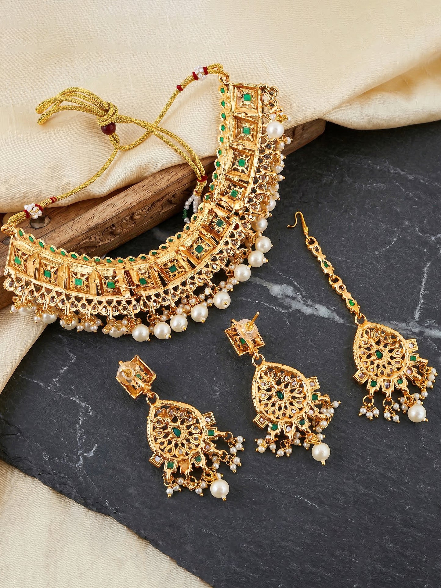 Lucky Jewellery Gold-Plated Green Color Choker Set with Tikka (866-G2SR-006-G)