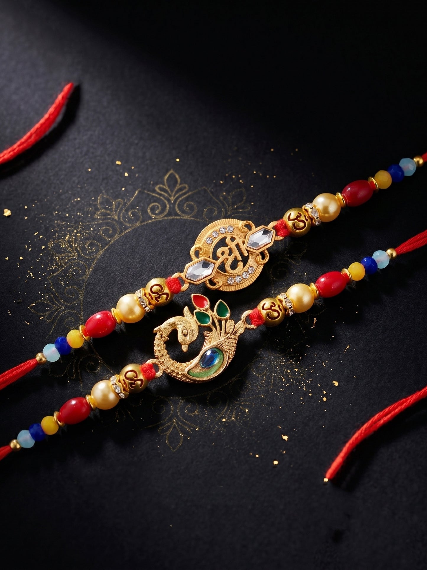 Lucky Jewellery Set of 5 Designer Rakhi for Brother | Golden Om, Ganesha & Peacock Beaded Threads | Premium Raksha Bandhan with Roli, Chawal & Greeting Card (360-S5R1-2305-5)
