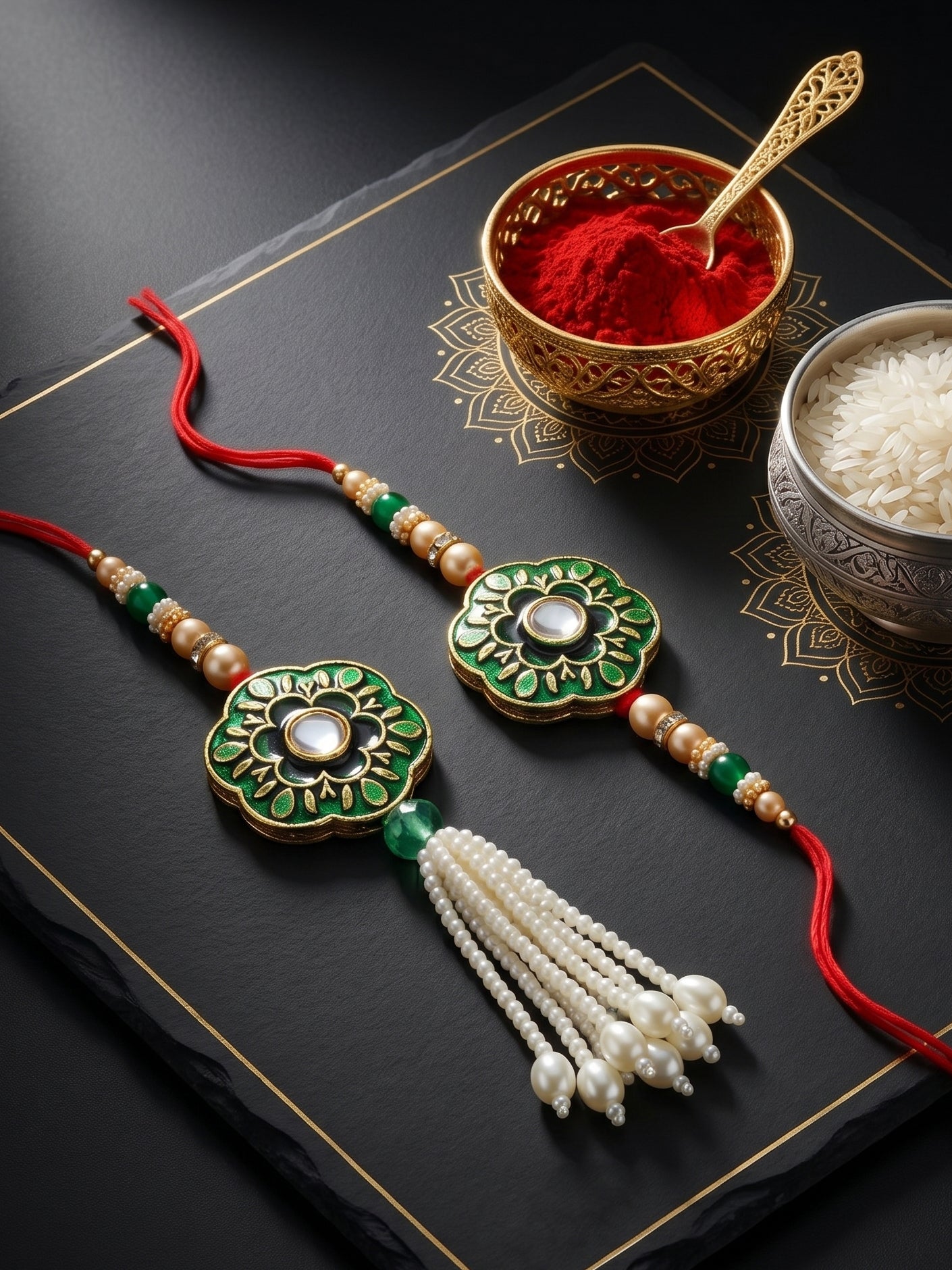 Set of 2 Bhaiya Bhabhi Rakhi Set with Floral Pendant, Green & Golden Beads,Tassel Lumba,Roli Chawal (130-JPCR1-1853-G-2-2026)