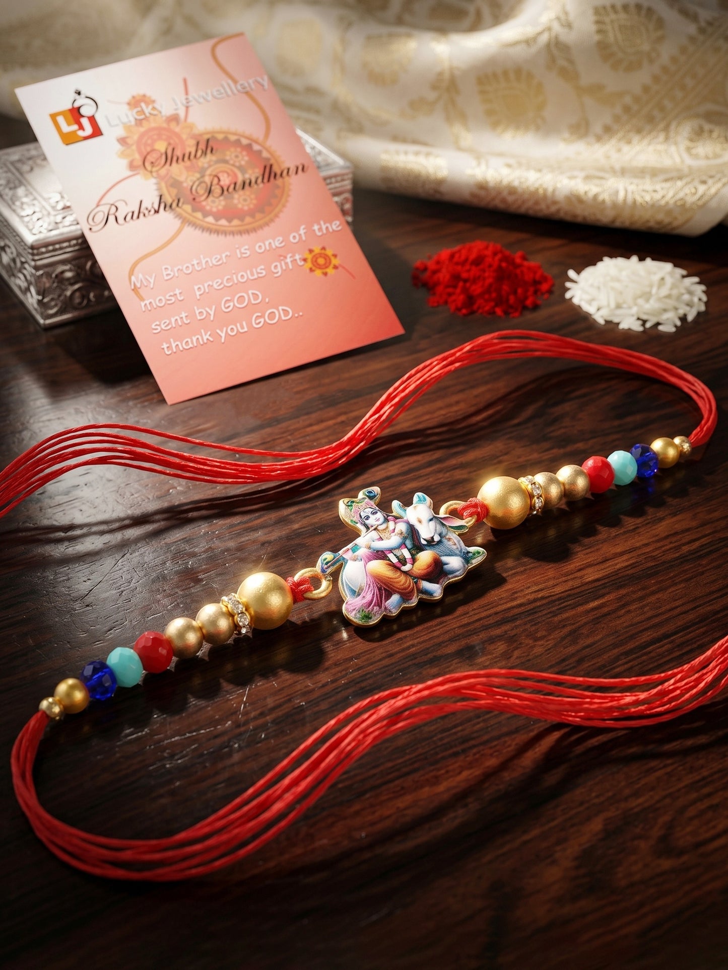 Religious Lord Krishna & Cow Designer Rakhi Set For Brother | Roli Chawal & Card (84-S5R1-GCS0322)