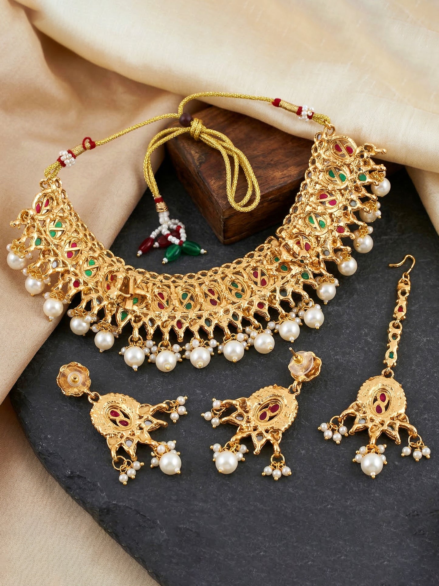 Lucky Jewellery Gold-Plated Ruby & Green Color Choker Set with Tikka (866-G2SR-005-RG)