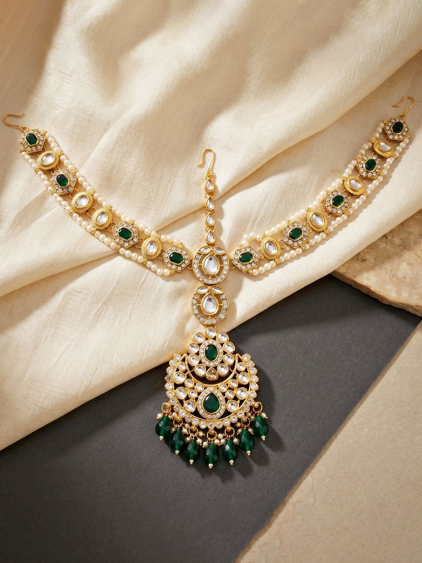 Bridal AD Green Stone Heavy Choker Jewellery Set with Sheesh Patti, Nath & Jhumka (3300-M8ZK-1104-G)