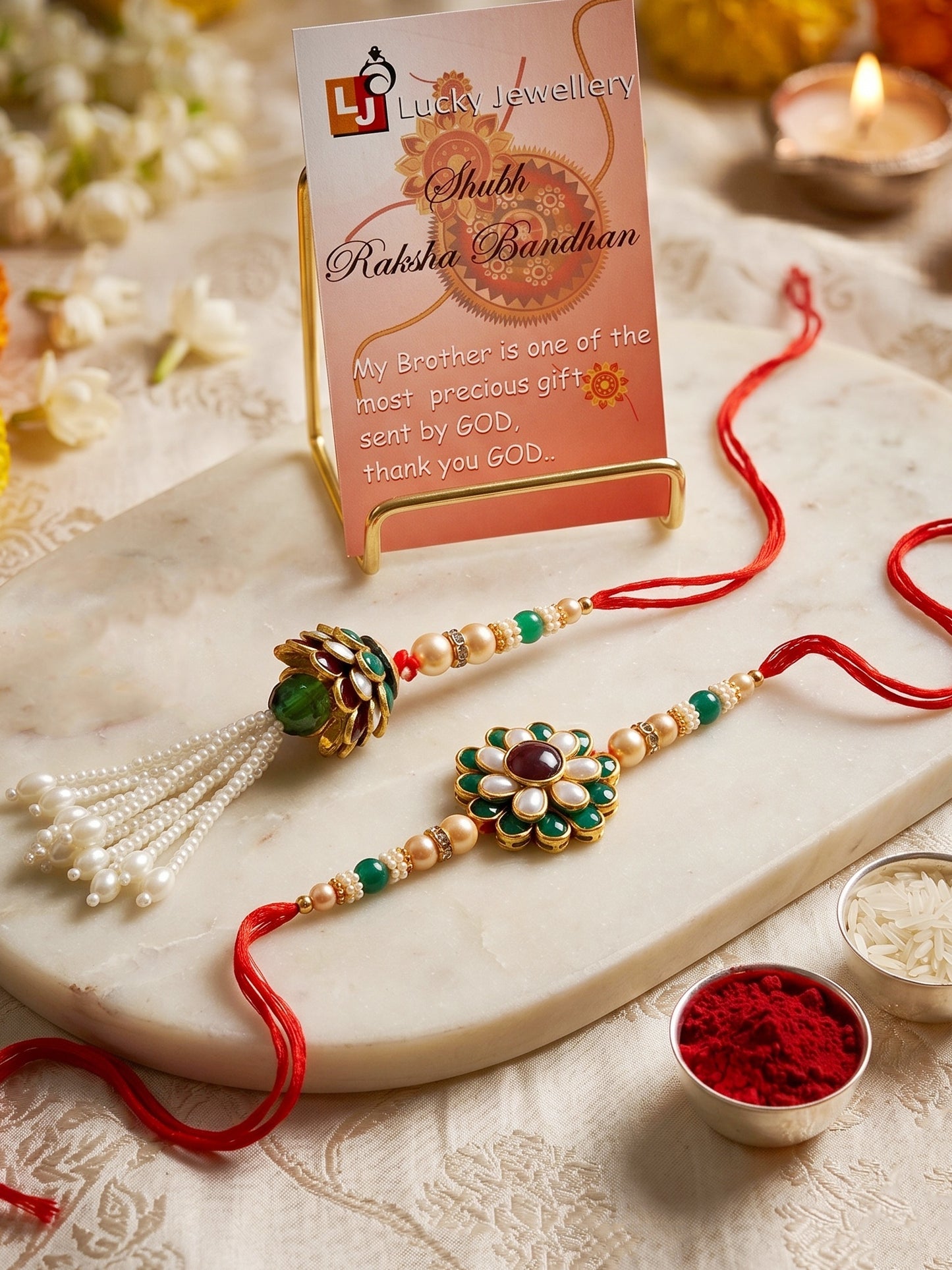 Set of 2 Bhaiya Bhabhi Rakhi Set with Floral Pendant, Maroon Stones & Beads, Tassel Lumba (173-JPCR1-1858-MG-2-2026)