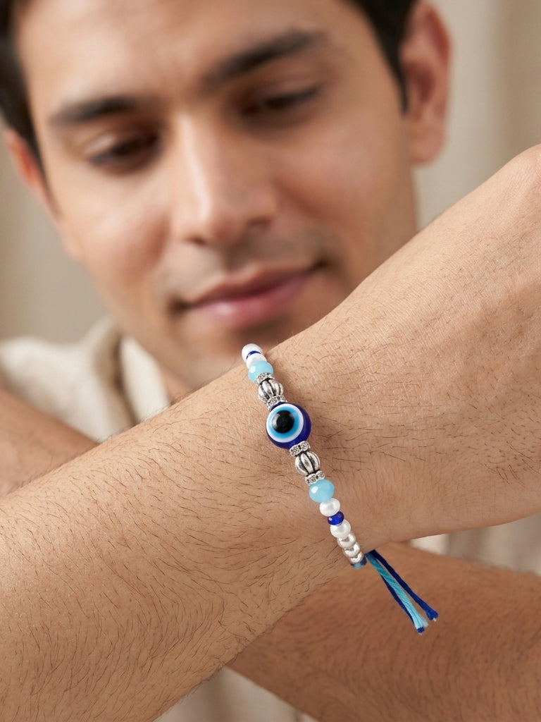 Blue Evil Eye Rakhi with Greeting Card and Roli Chawal Set for Rakshabandhan (54-S5R1-RN2239)
