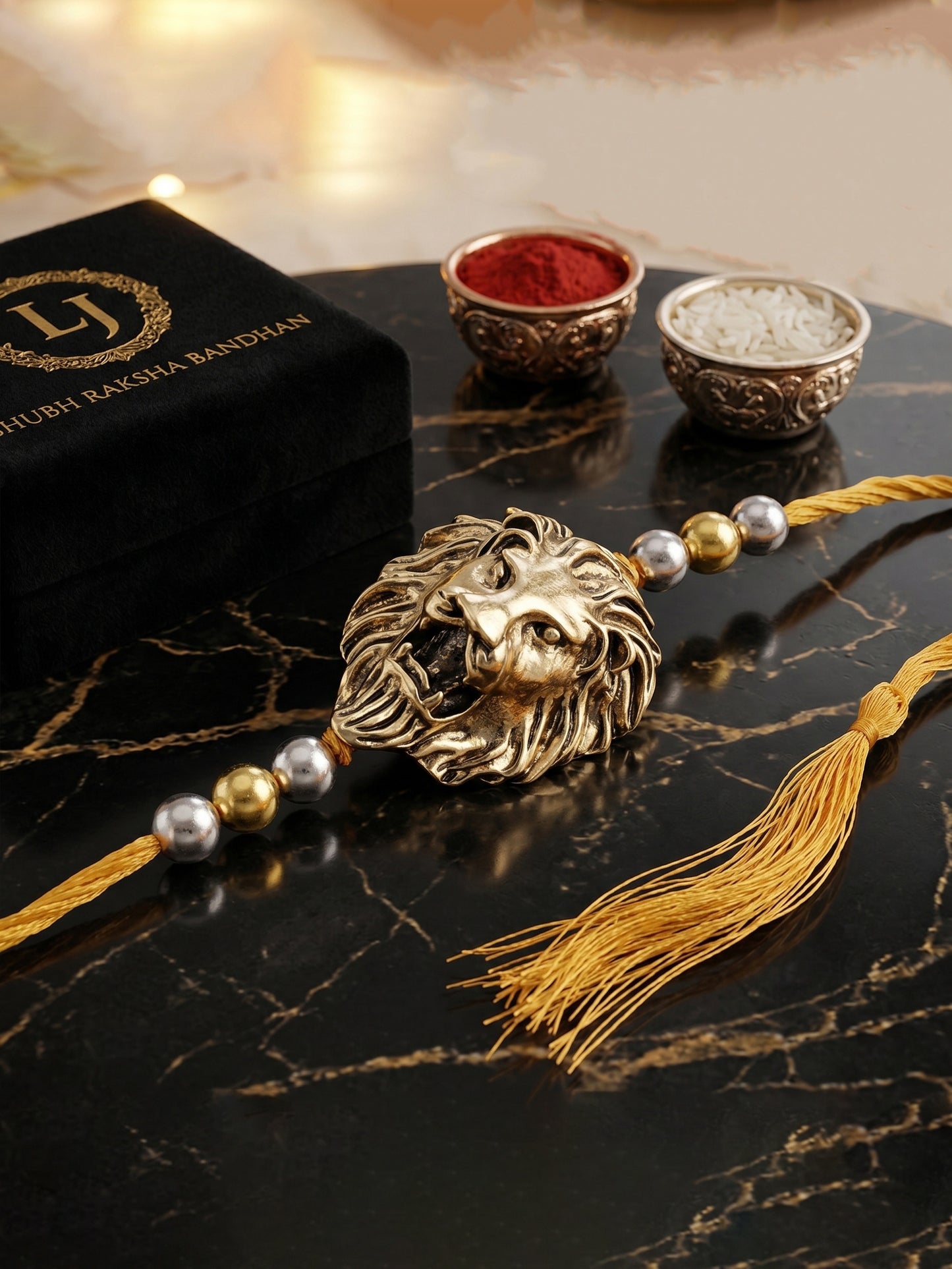 Golden Lion Pendant Rakhi for Brother with Metallic Beads, Roli Chawal & Card (140-CHR1-1175-1-2026)