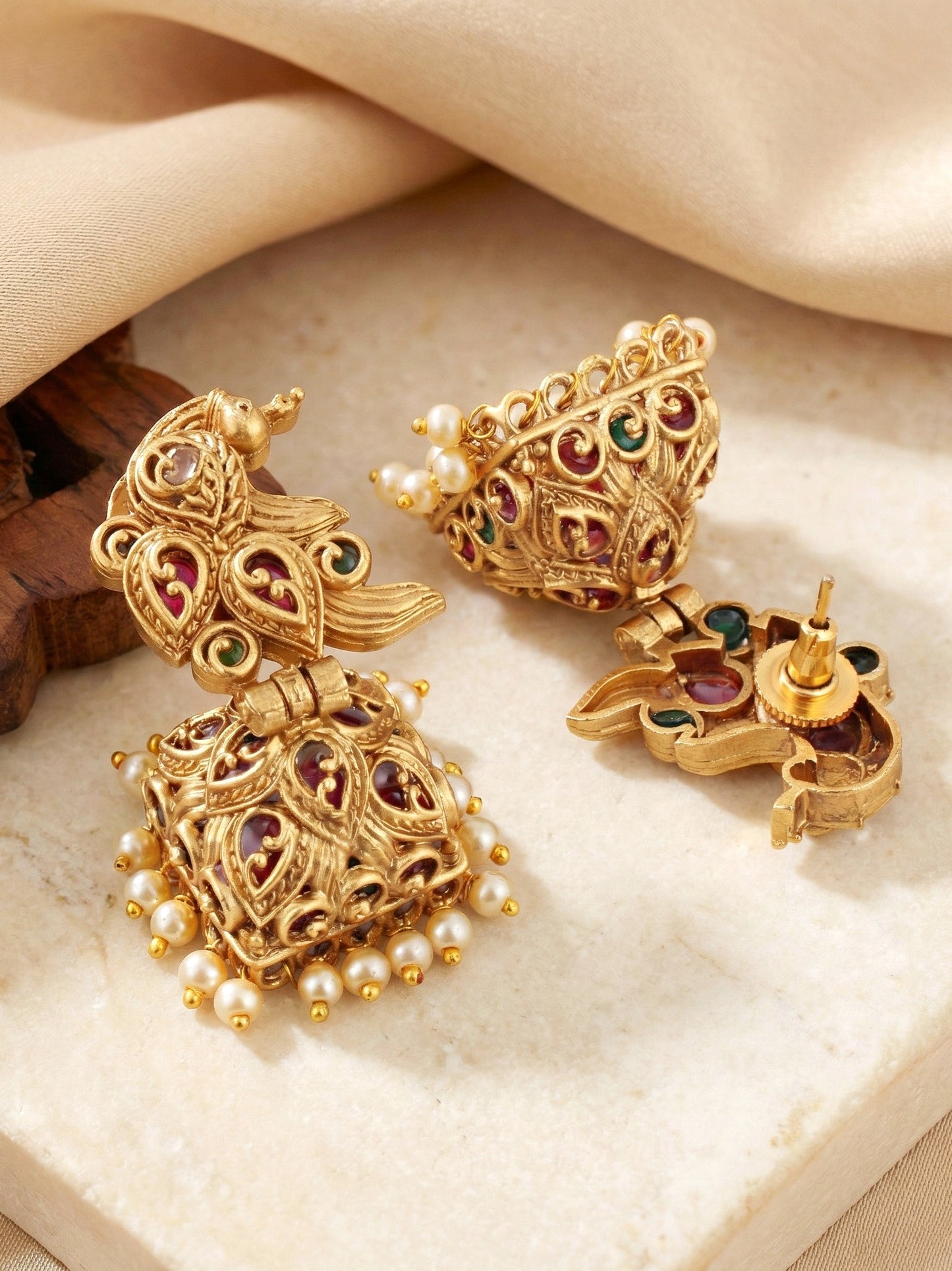 Premium Traditional Antique Matte Gold Plated Radha Krishna Temple Jewelry Long Pearl Chain Necklace Set with Peacock Design Jhumka Earrings for Women & Girls (1898-ISR-2183-RG)