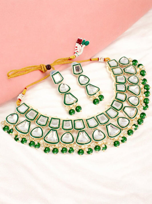Designer White Gold-Plated Kundan Choker Necklace Set for Women & Girls – Green Meenakari Work(842-ISK-2031-G)
