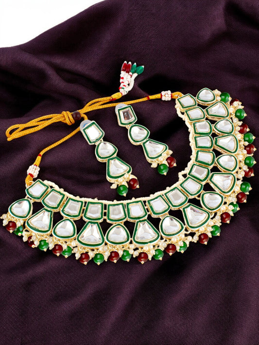 Designer White Gold-Plated Kundan Choker Necklace Set for Women & Girls – Green Meenakari Work (842-ISK-2031-MG)