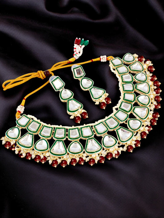 Designer White Gold-Plated Kundan Choker Necklace Set for Women & Girls – Green Meenakari Work (842-ISK-2031-M)