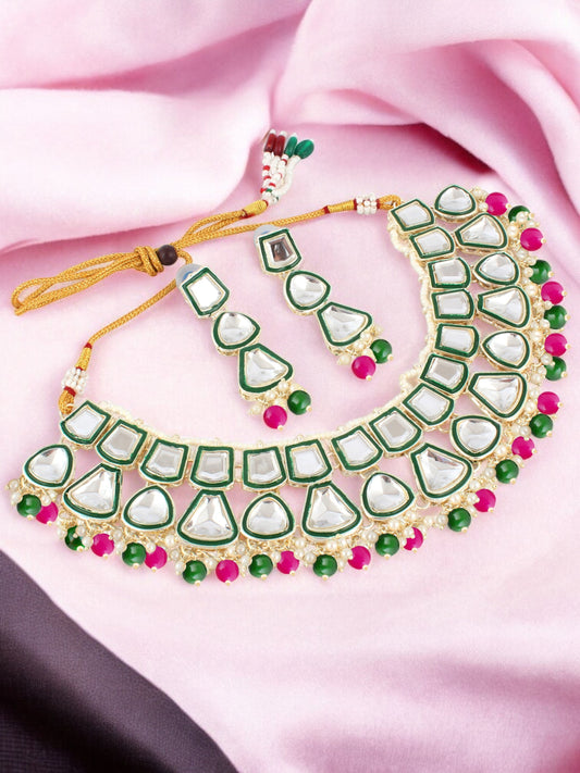Designer White Gold-Plated Kundan Choker Necklace Set for Women & Girls – Green Meenakari Work (842-ISK-2031-RG)