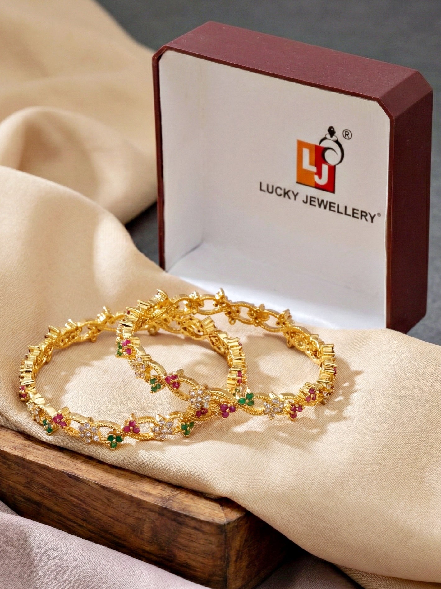 Gold-Plated Floral Twist AD Pink Green Bangle (847-C1BG-2206-2)
