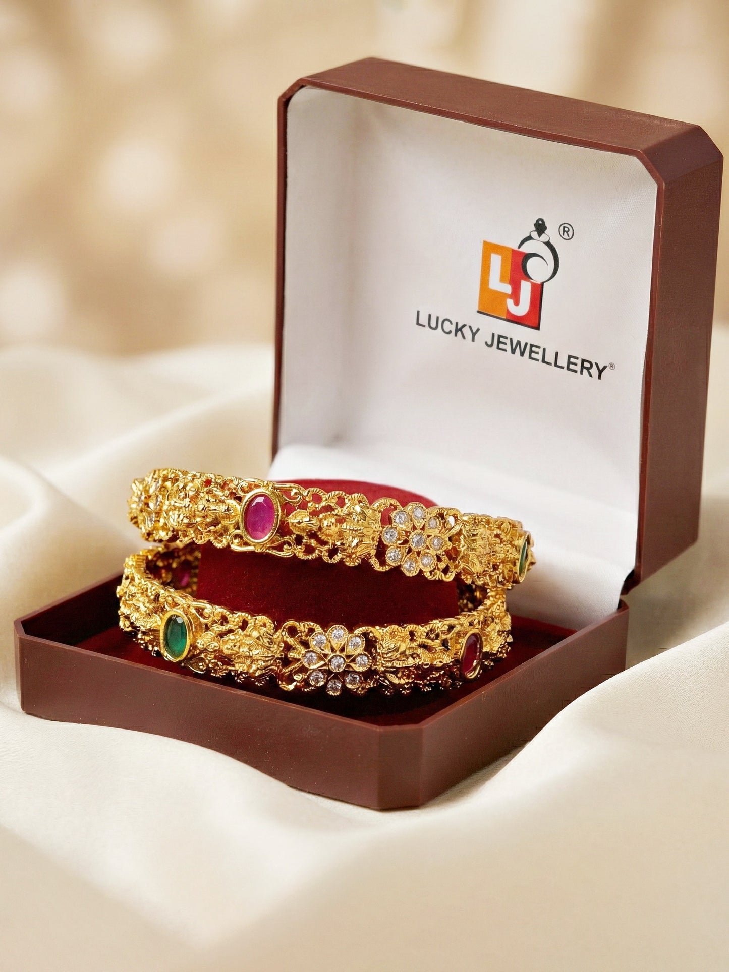 Gold-Plated Laxmi Temple Floral AD Pink Green Bangle (866-C1BG-2207-2)