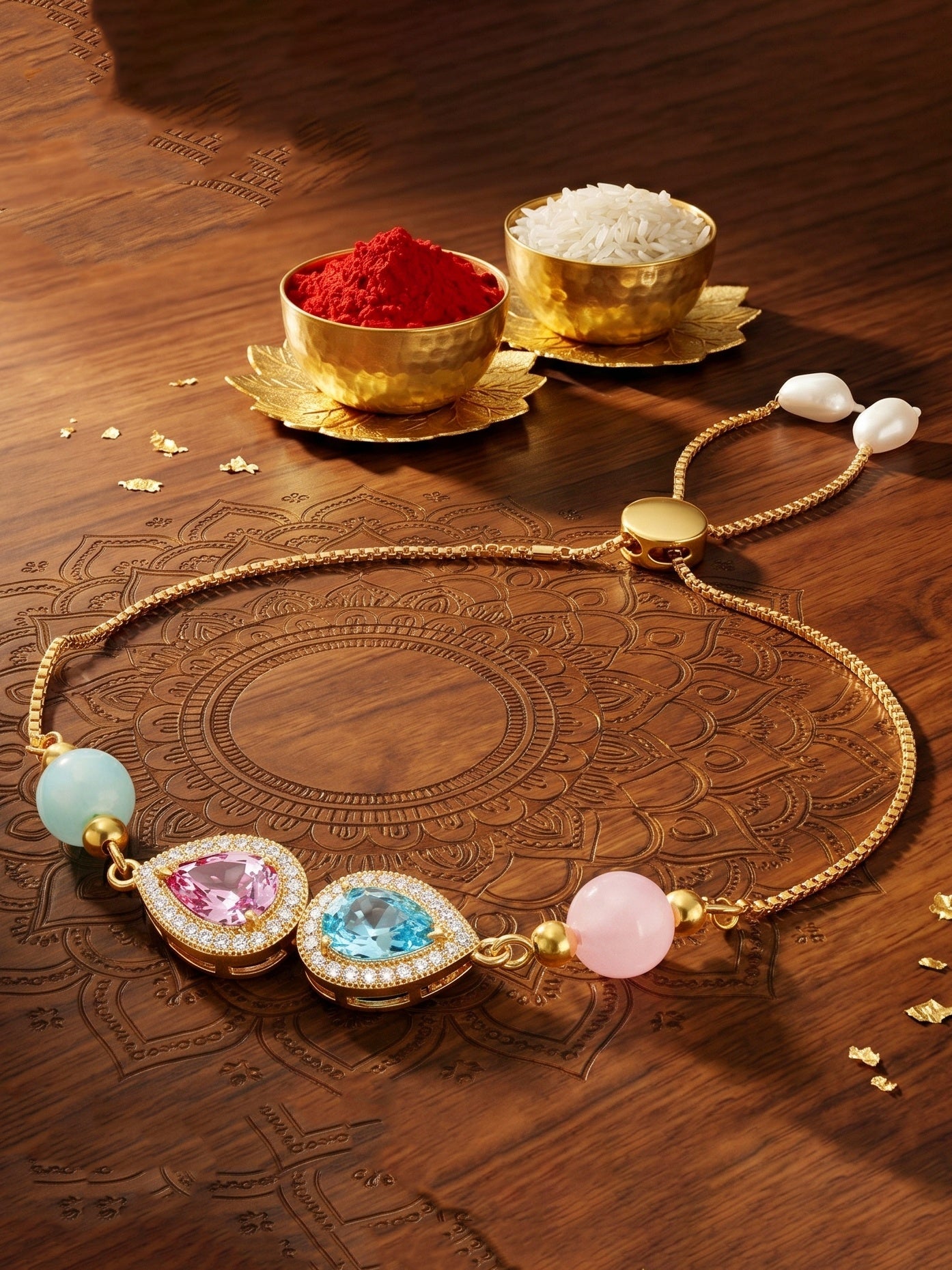 Adjustable Rakhi Bracelet with Blue & Pink drop AD Pendant,Pastel Beads,Roli Chawal & Card (209-CHB2-1279-PKF-2026)