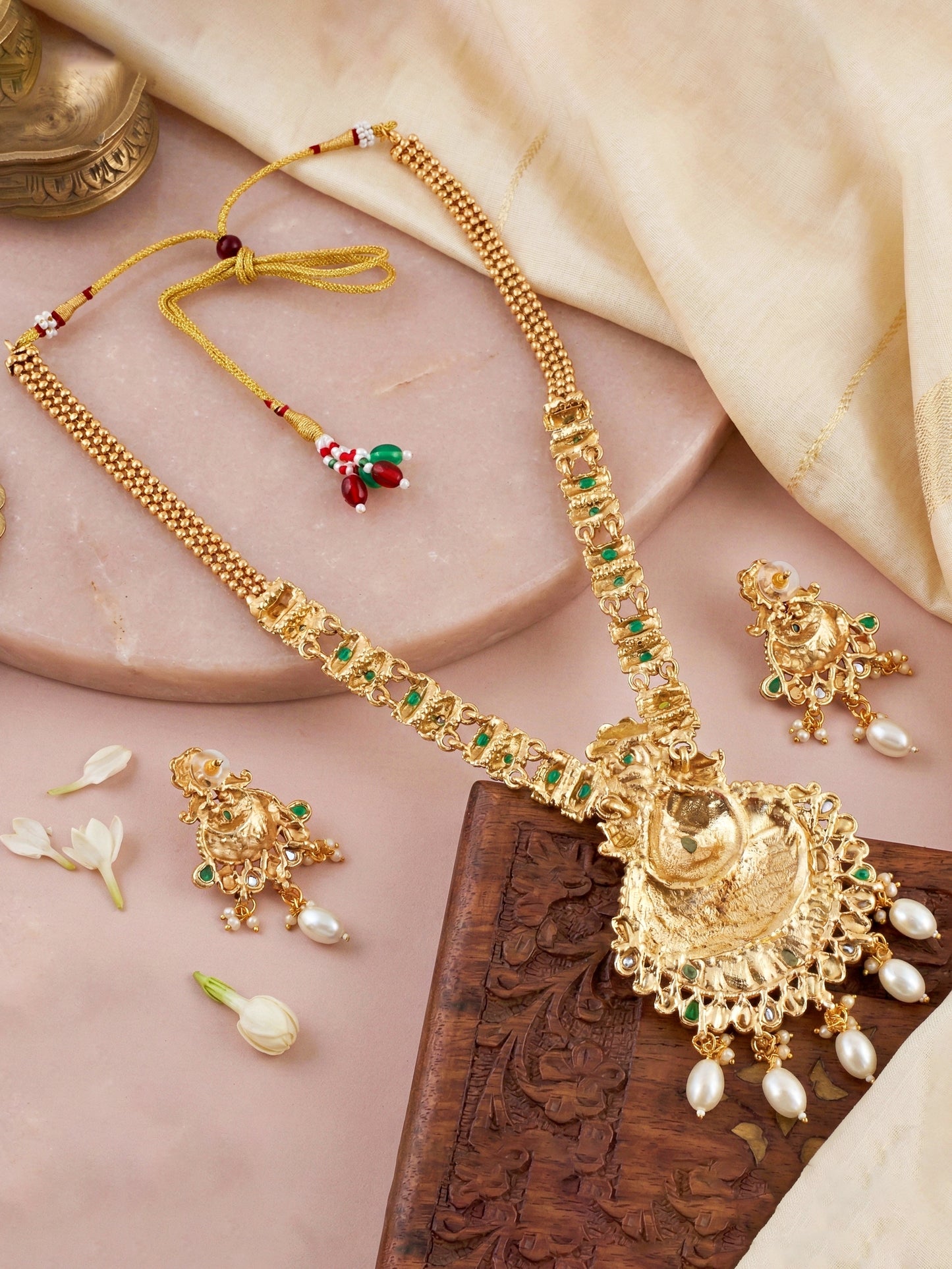 Lucky Jewellery Gold-Plated Green Color Long Necklace Set (660-G2SR-203-G)