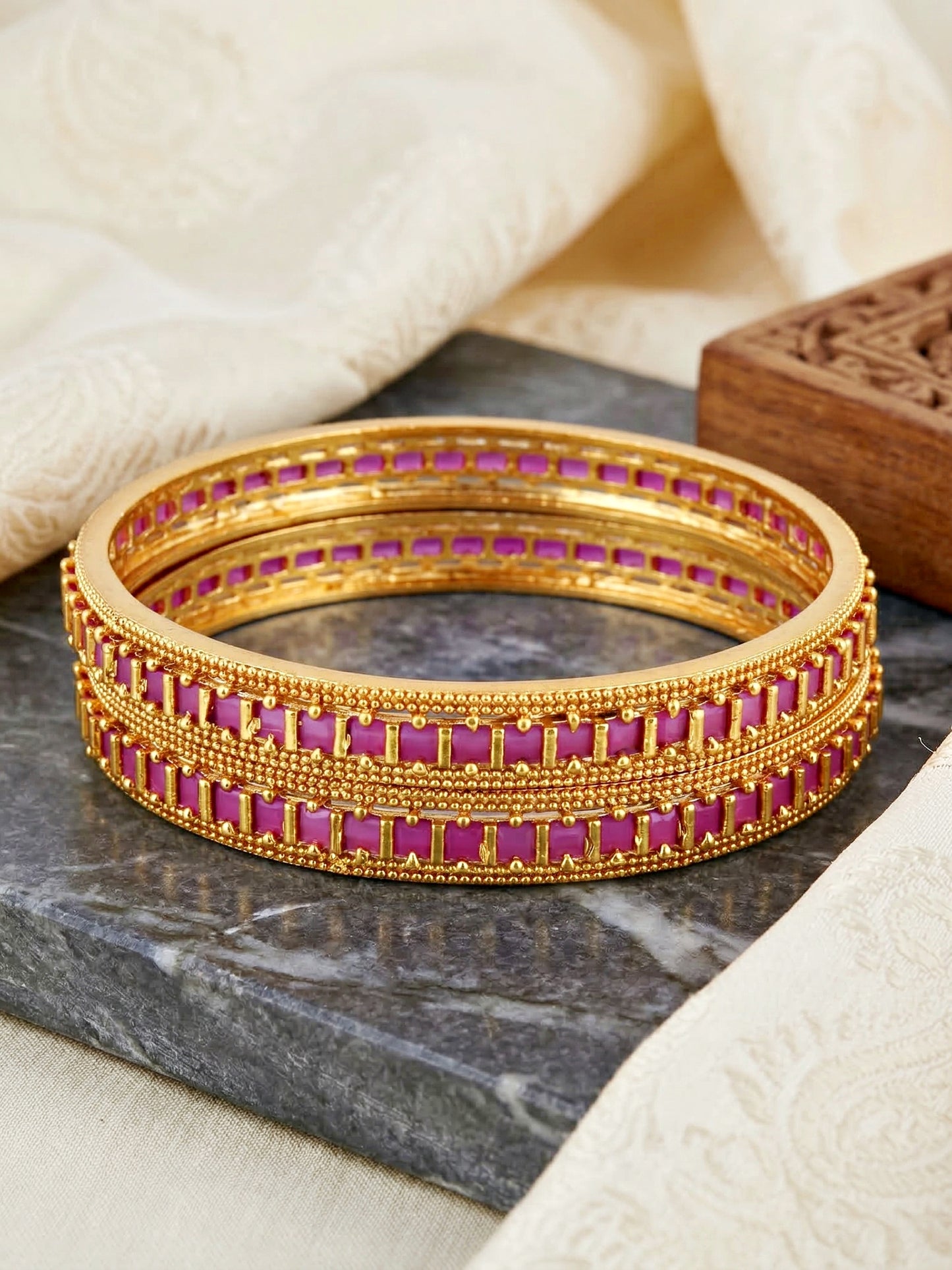 Gold-Plated Temple Magenta Stone Bangle (945-C1BG-2212-2)
