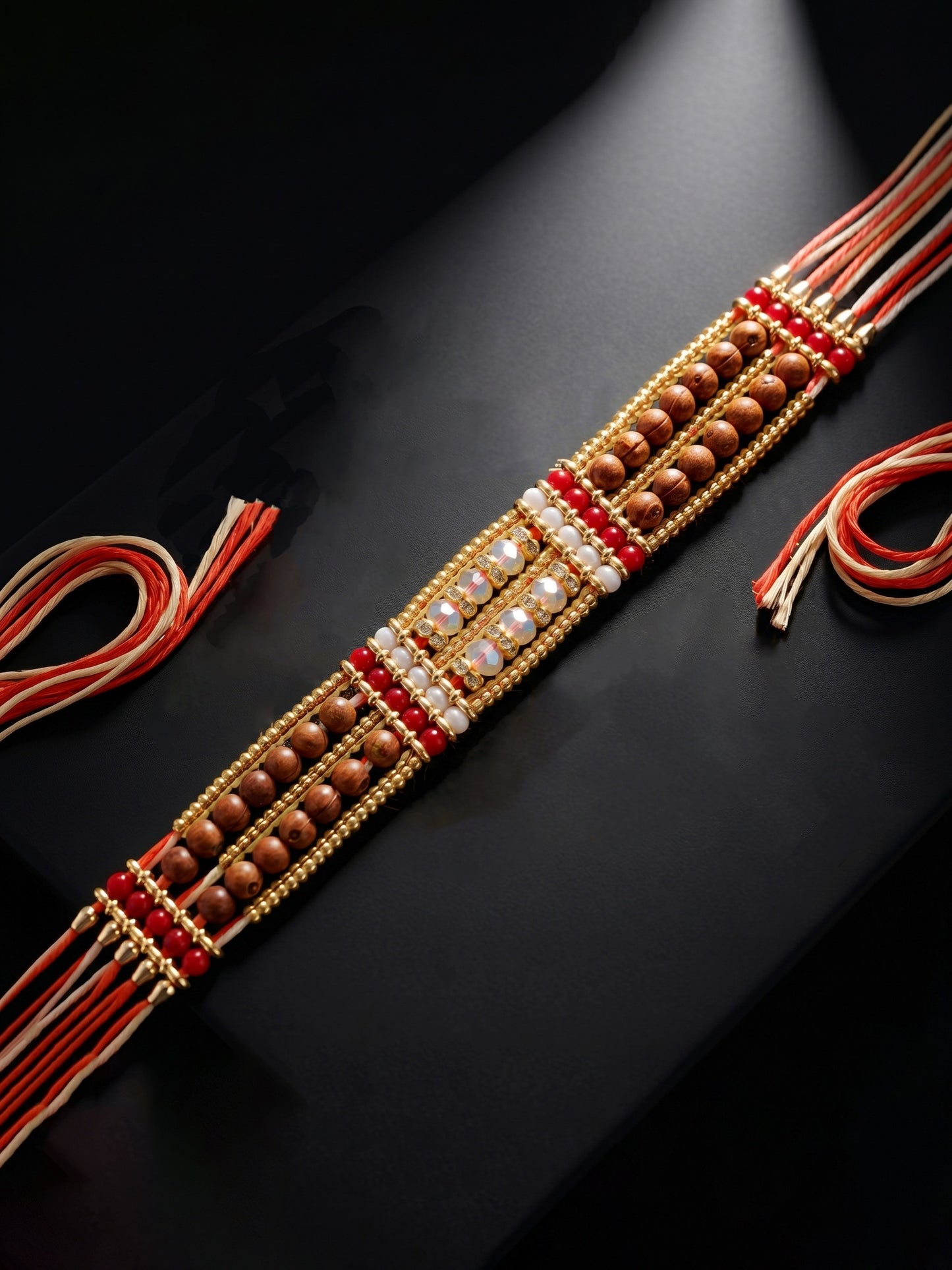 Designer Broad Bracelet Rakhi for Brother with Roli Chawal & Card | Multistrand Rudraksha Style Set (94-S7R1-EA3602)