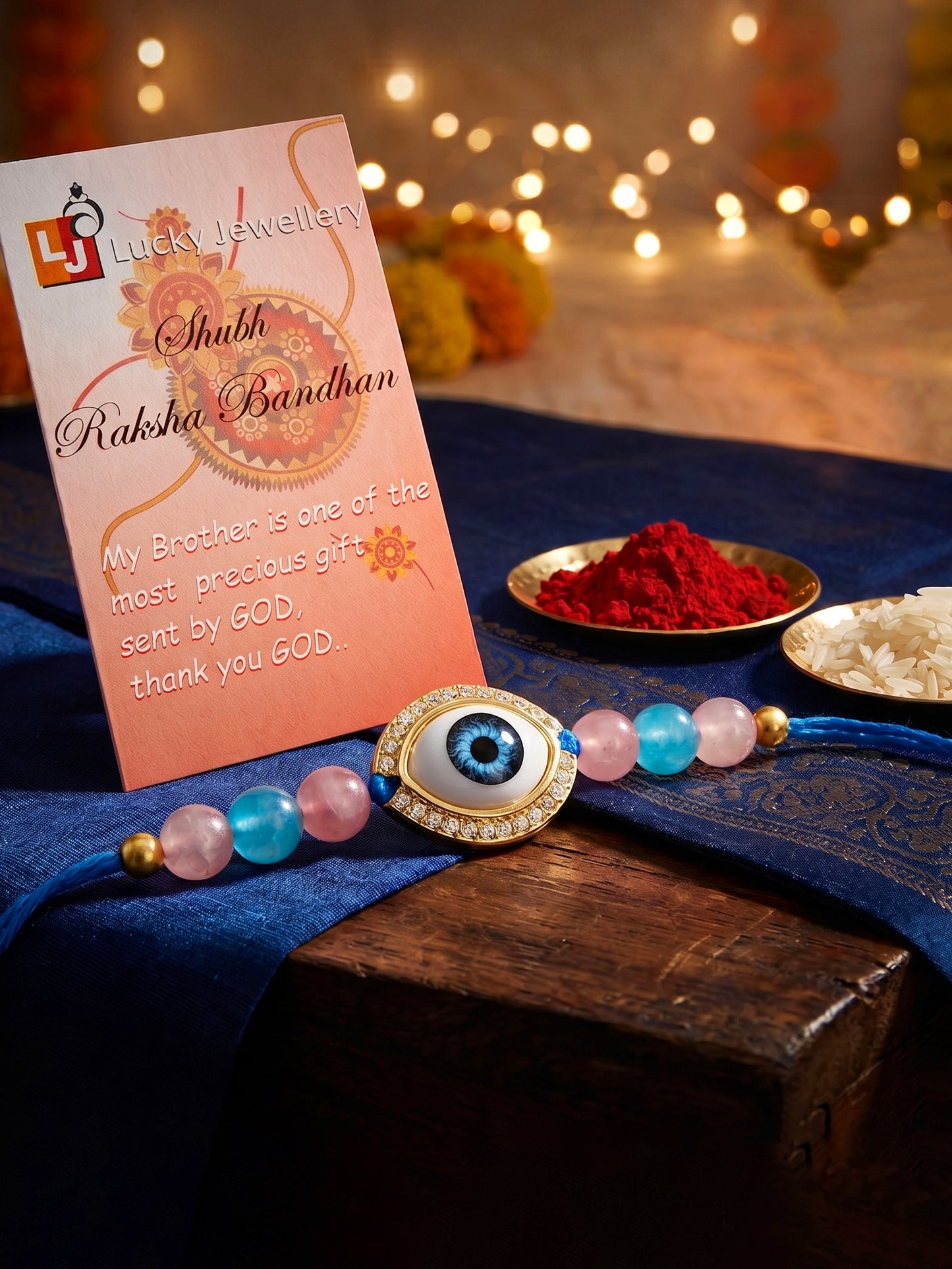 Evil Eye Rakhi for Brother. Protective Charm with Pink & Blue Beads, Roli, Chawal & Card (265-CHR1-1191-F-1-2026)