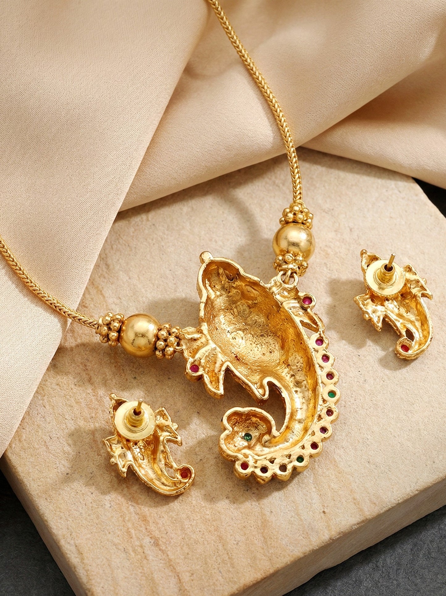 Traditional Gold-Tone Lord Ganesha Necklace Set with Pink & Green Stone Detailing | Temple Style Ethnic Jewellery with Stud Earrings for Festive & Wedding Wear (590-ISR-2181-RG)
