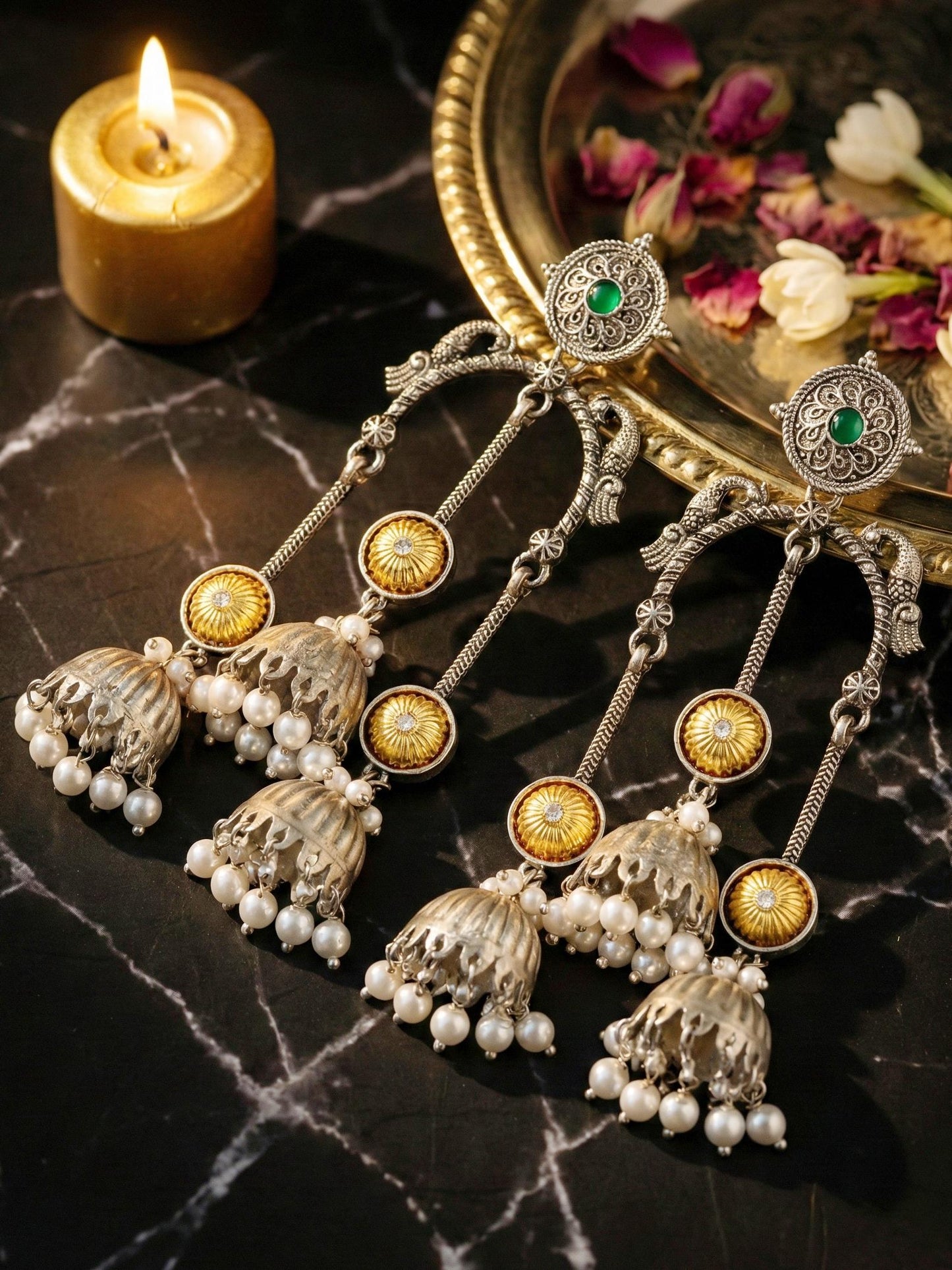 LUCKY JEWELLERY Oxidised Silver & Gold Kashmiri Jhumka Earrings with Ruby & Green Beads (654-KEO-20825-G-SG)